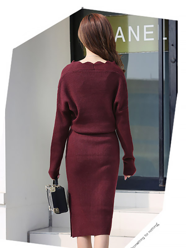 Burgundy Wrap Style Midi Dress with Wave Hem Collar