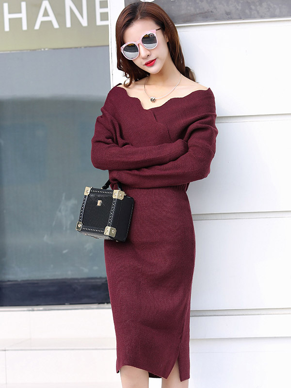 Burgundy Wrap Style Midi Dress with Wave Hem Collar