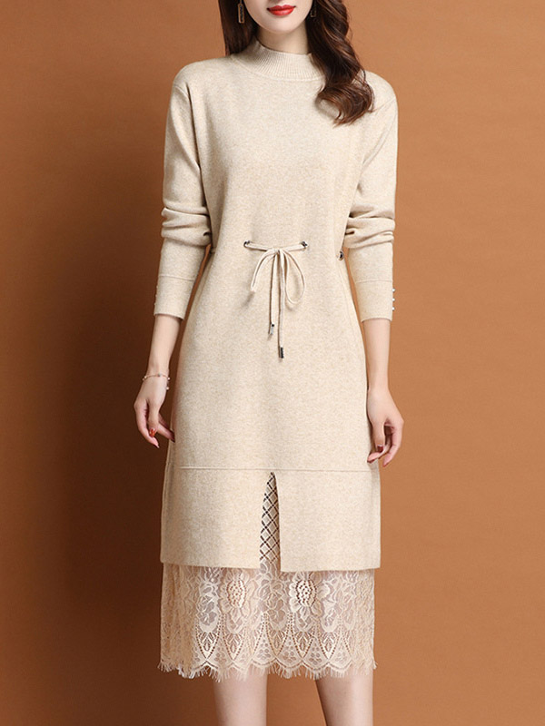 Beige Stand Collar Midi Dress with Lace Hem