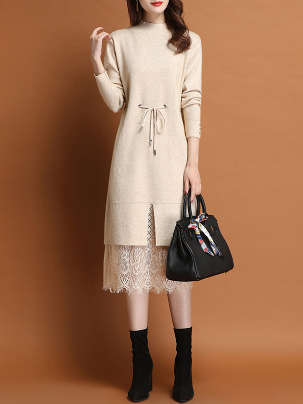 Beige Stand Collar Midi Dress with Lace Hem