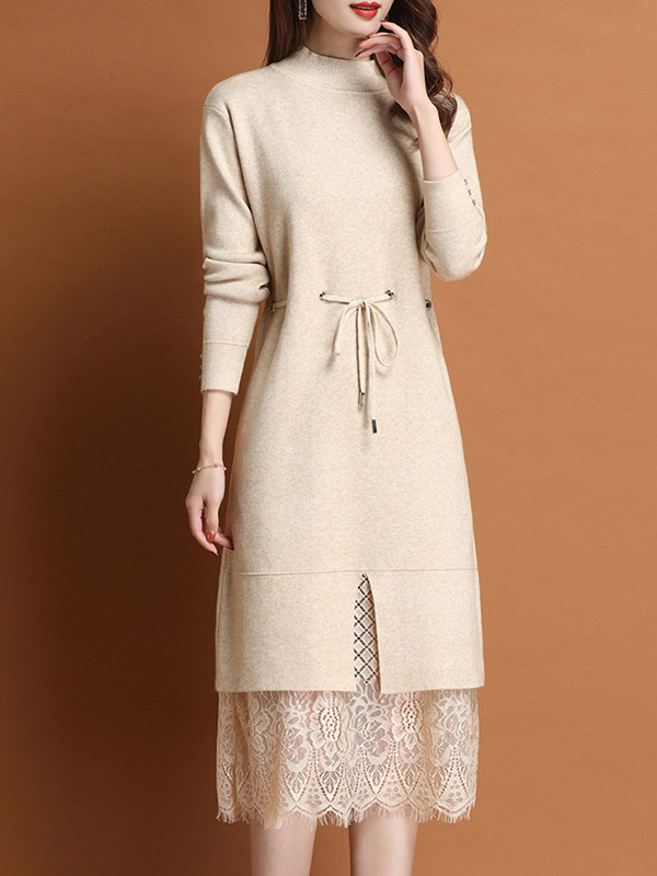 Beige Stand Collar Midi Dress with Lace Hem