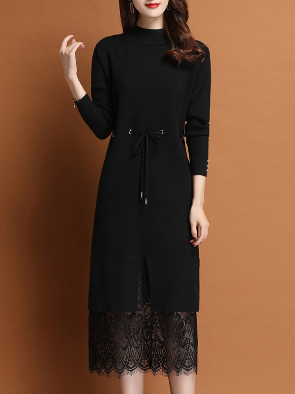 Black Stand Collar Midi Dress with Lace Hem