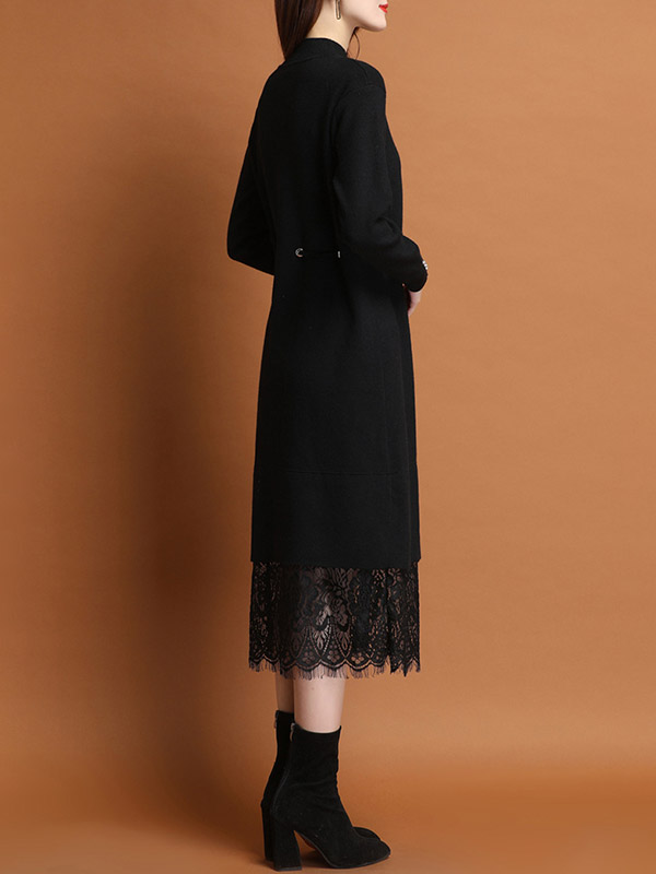 Black Stand Collar Midi Dress with Lace Hem