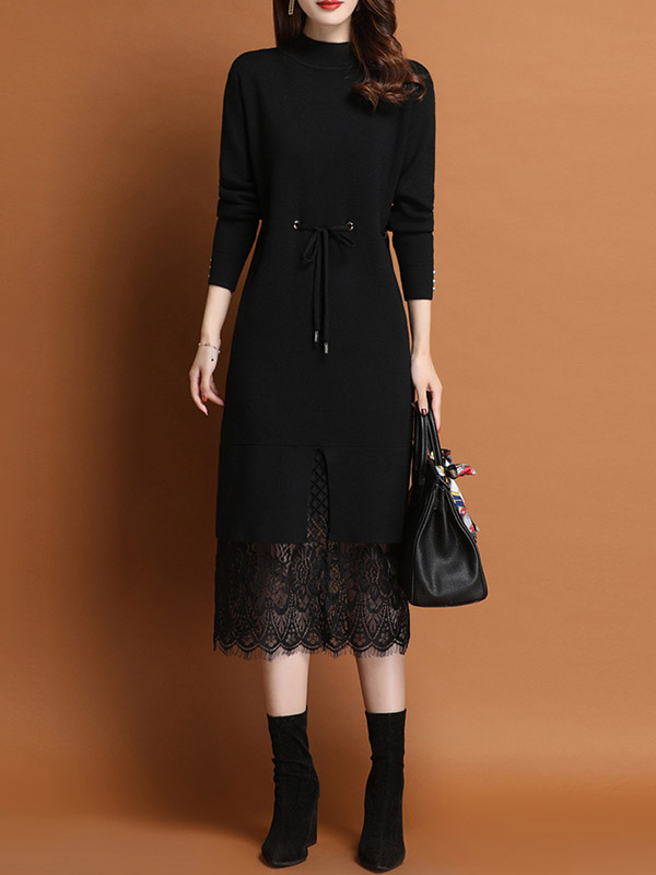 Black Stand Collar Midi Dress with Lace Hem