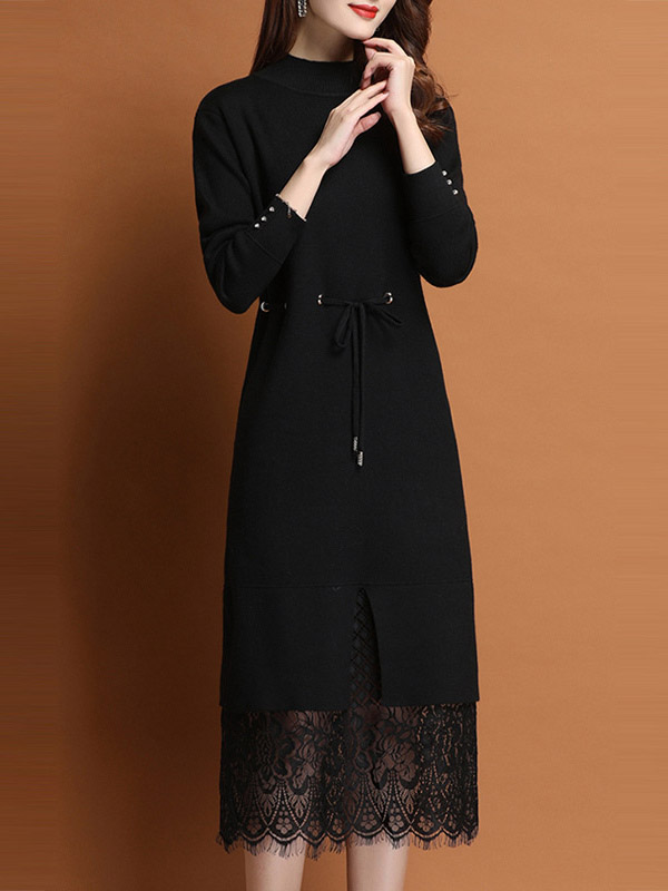 Black Stand Collar Midi Dress with Lace Hem