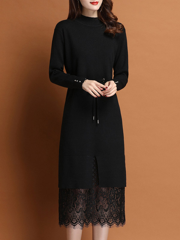 Black Stand Collar Midi Dress with Lace Hem