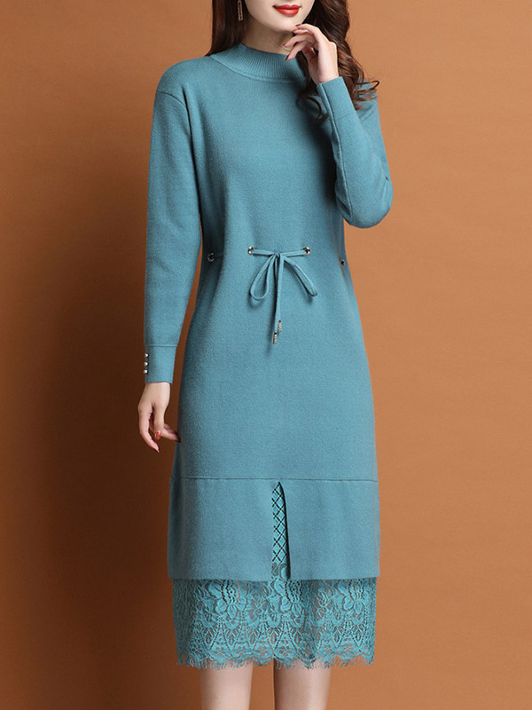 Blue Stand Collar Midi Dress with Lace Hem