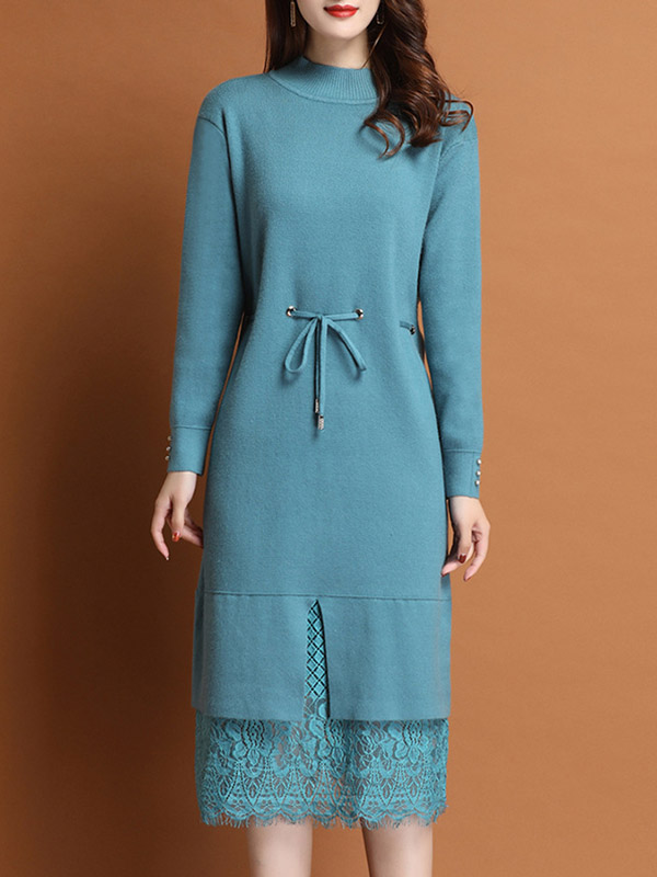 Blue Stand Collar Midi Dress with Lace Hem