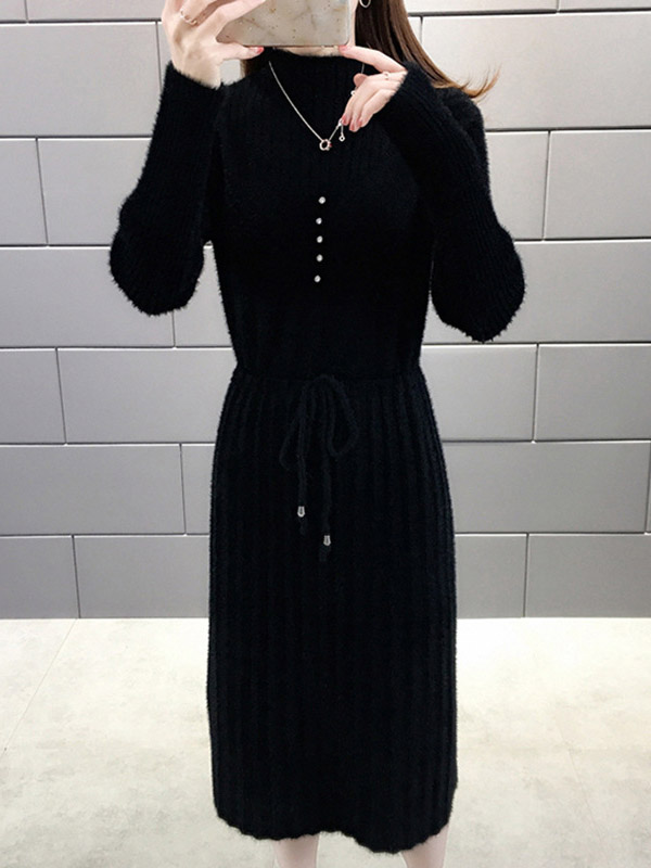 Black Stand Collar Tie Waist Midi Dress