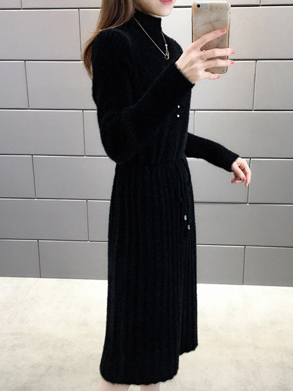 Black Stand Collar Tie Waist Midi Dress