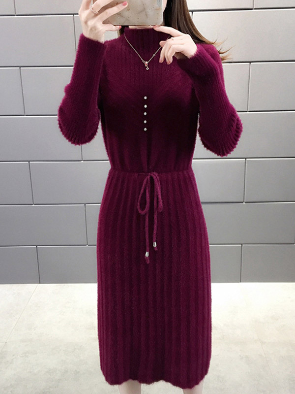 Burgundy Stand Collar Tie Waist Midi Dress