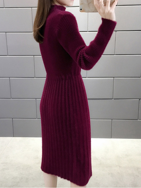 Burgundy Stand Collar Tie Waist Midi Dress