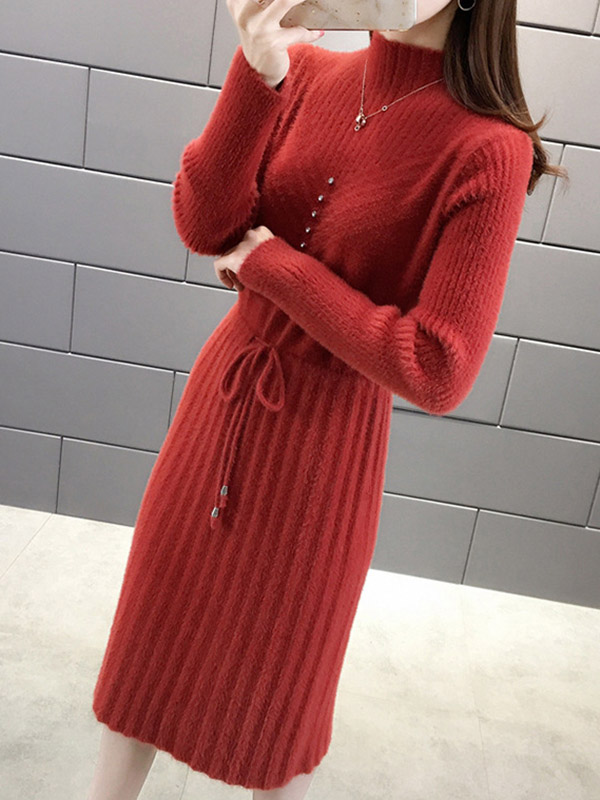 Red Stand Collar Tie Waist Midi Dress