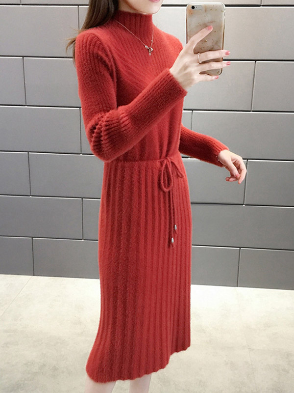 Red Stand Collar Tie Waist Midi Dress