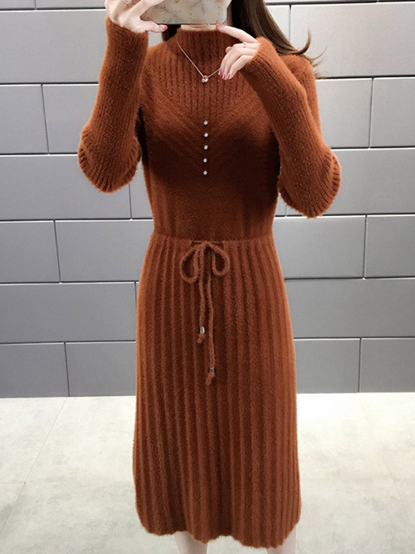 Brown Stand Collar Tie Waist Midi Dress