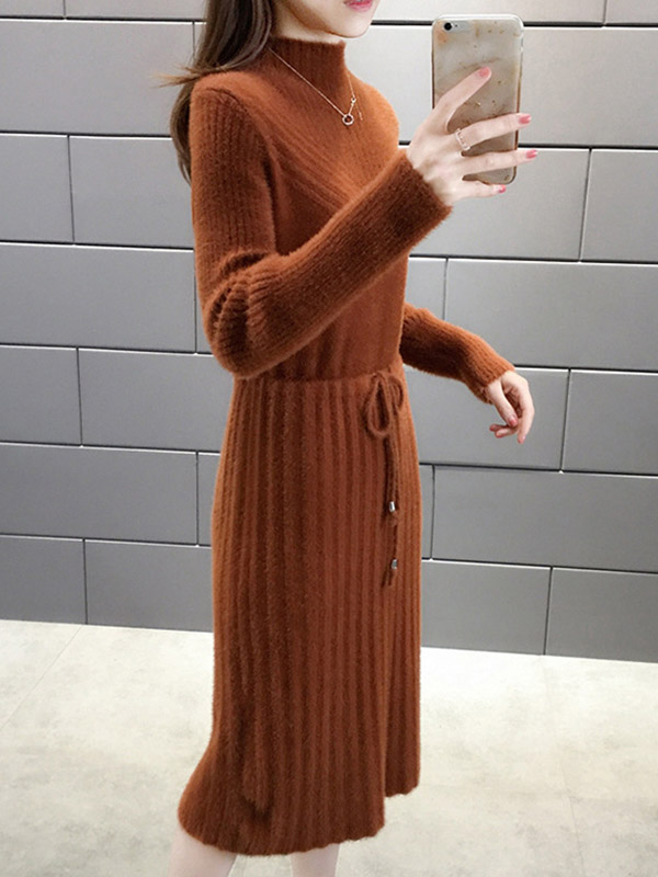 Brown Stand Collar Tie Waist Midi Dress