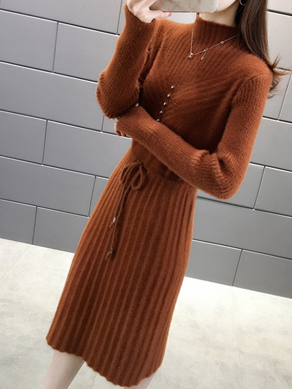 Brown Stand Collar Tie Waist Midi Dress