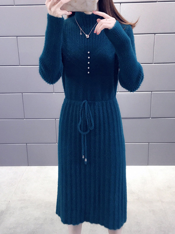 Blue Stand Collar Tie Waist Midi Dress