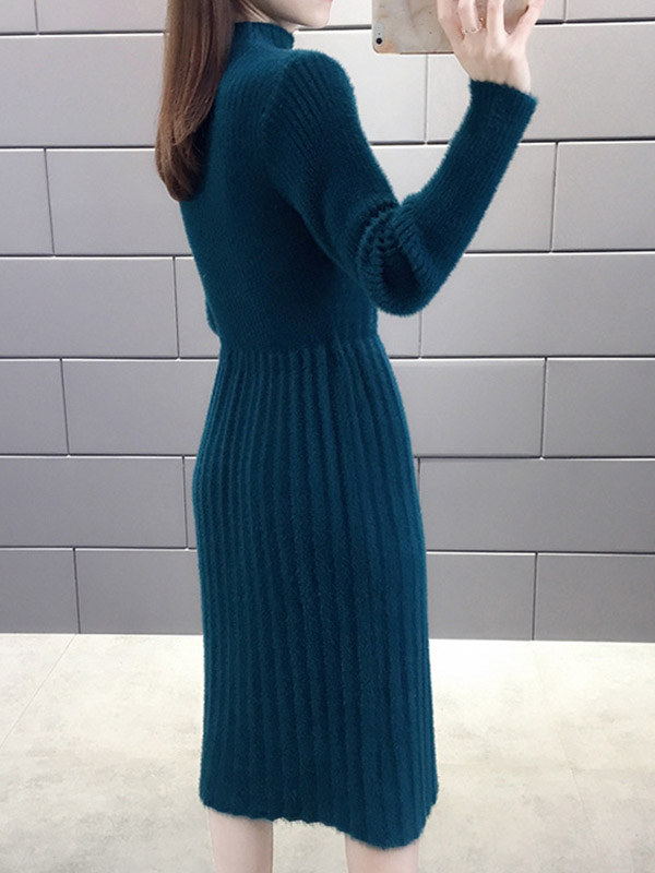 Blue Stand Collar Tie Waist Midi Dress