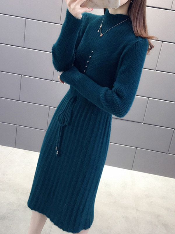 Blue Stand Collar Tie Waist Midi Dress