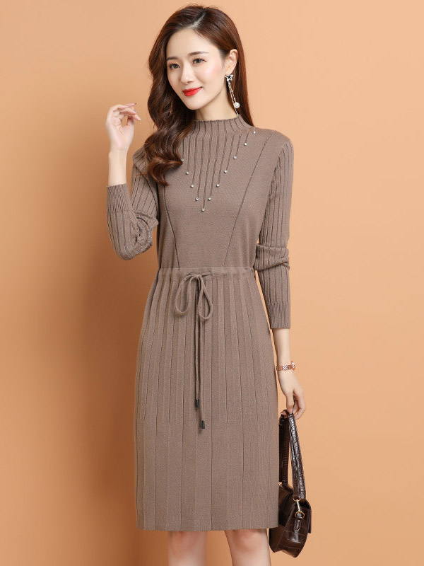 Khaki Tie Waist Midi Dress with Rhinestone Decoration