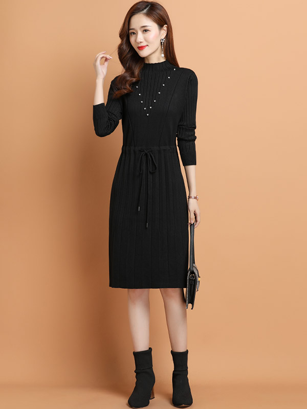 Black Tie Waist Midi Dress with Rhinestone Decoration