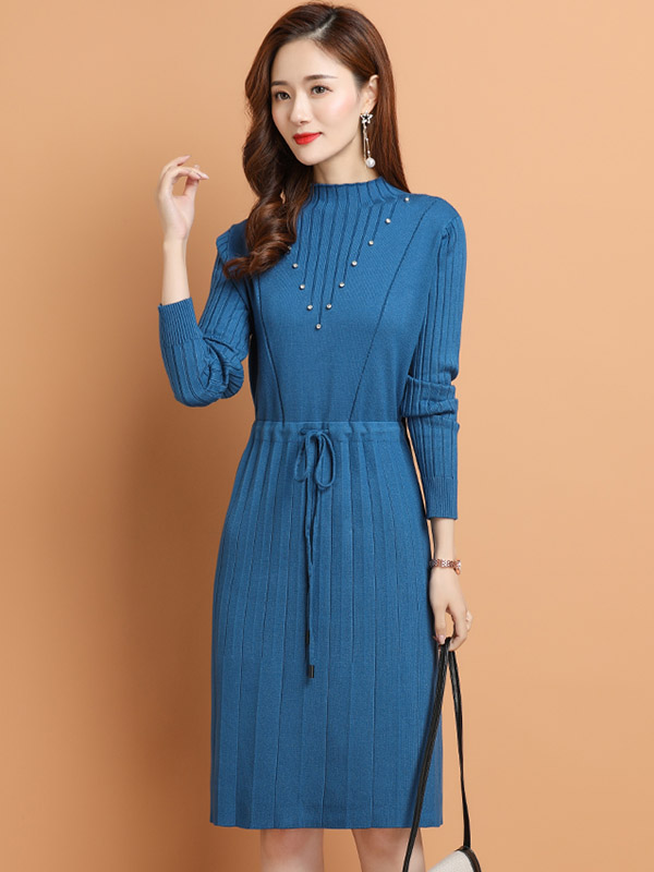 Blue Tie Waist Midi Dress with Rhinestone Decoration