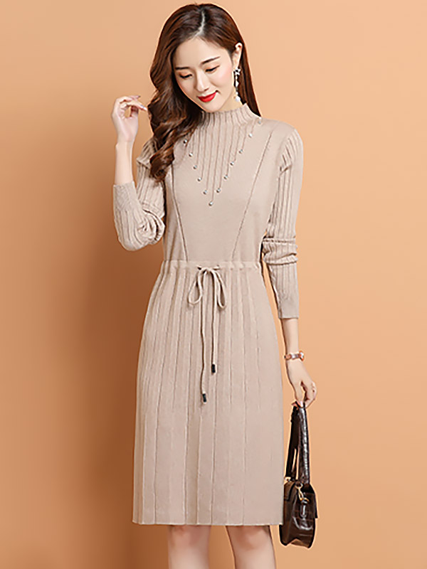 Apricot Tie Waist Midi Dress with Rhinestone Decoration