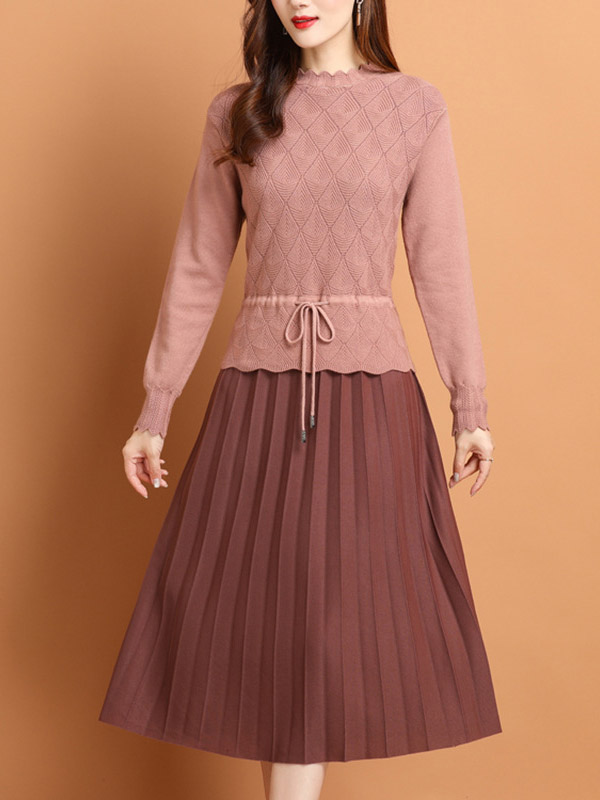 Pink Knit Pleated Dress with Floal Hem