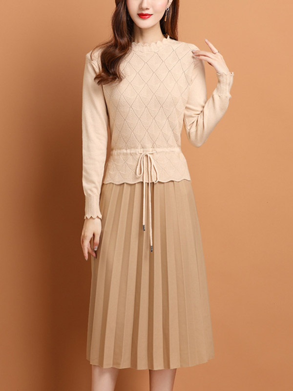 Apricot Knit Pleated Dress with Floal Hem