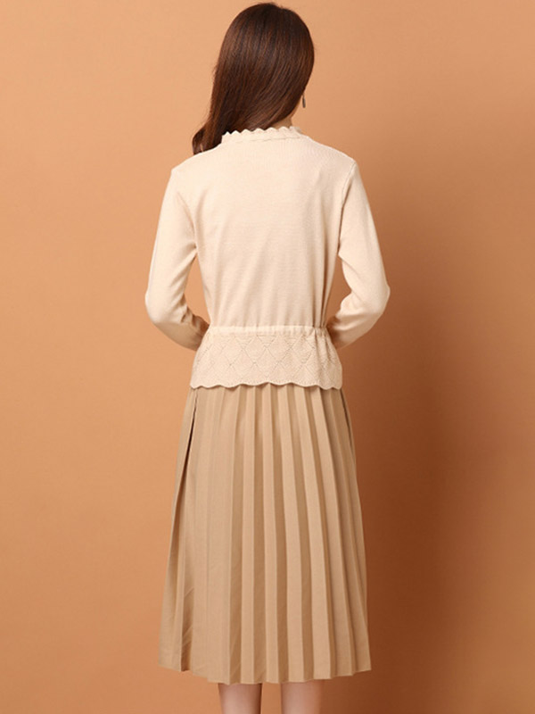 Apricot Knit Pleated Dress with Floal Hem