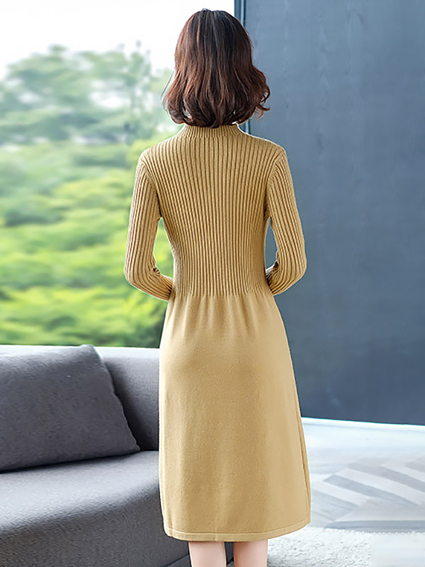 Khaki Stand Collar A-line Knit Dress