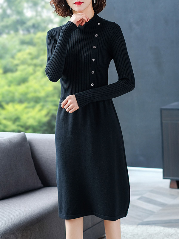 Black Stand Collar A-line Knit Dress