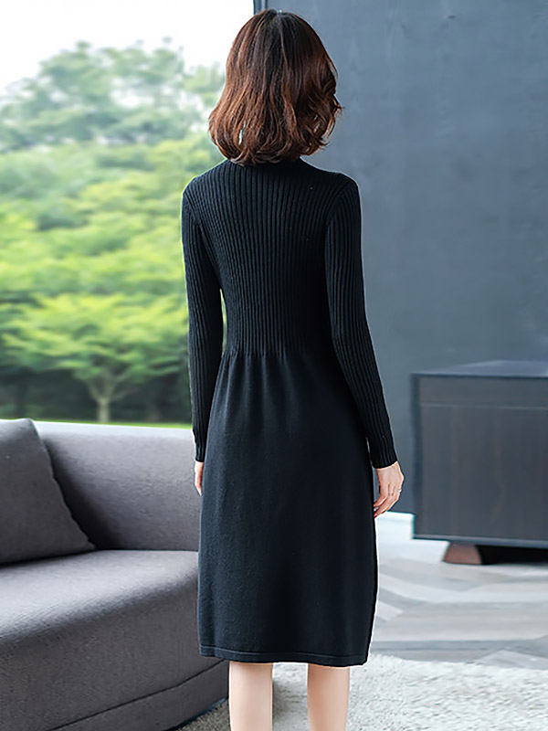 Black Stand Collar A-line Knit Dress