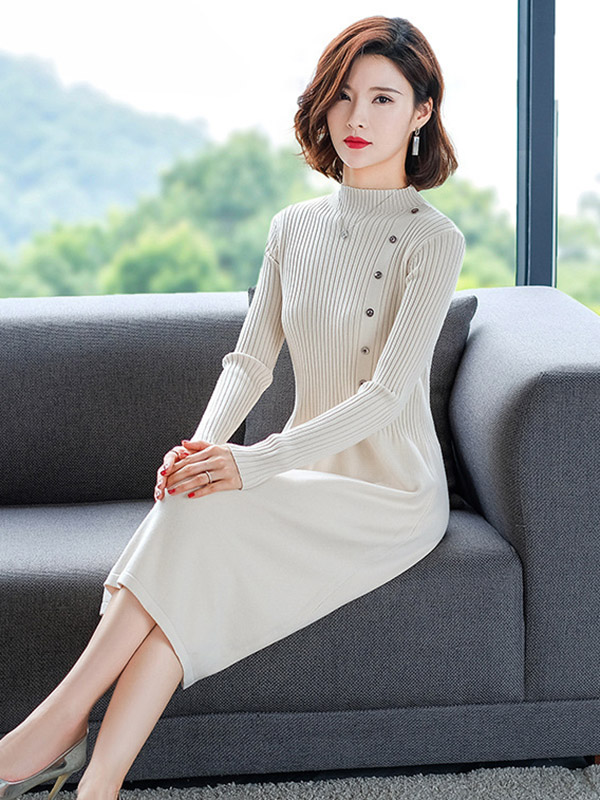 Apricot Stand Collar A-line Knit Dress