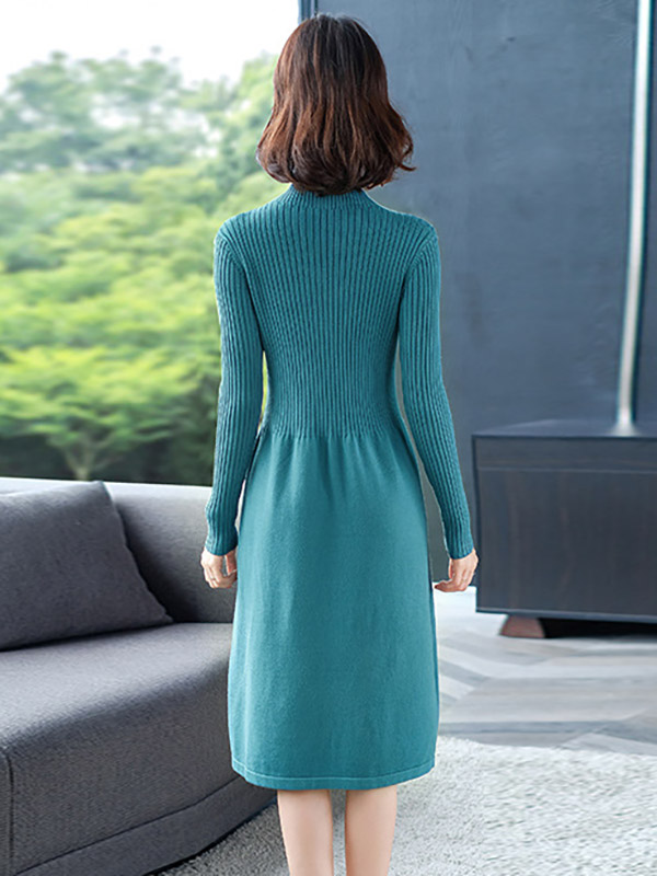 Blue Stand Collar A-line Knit Dress