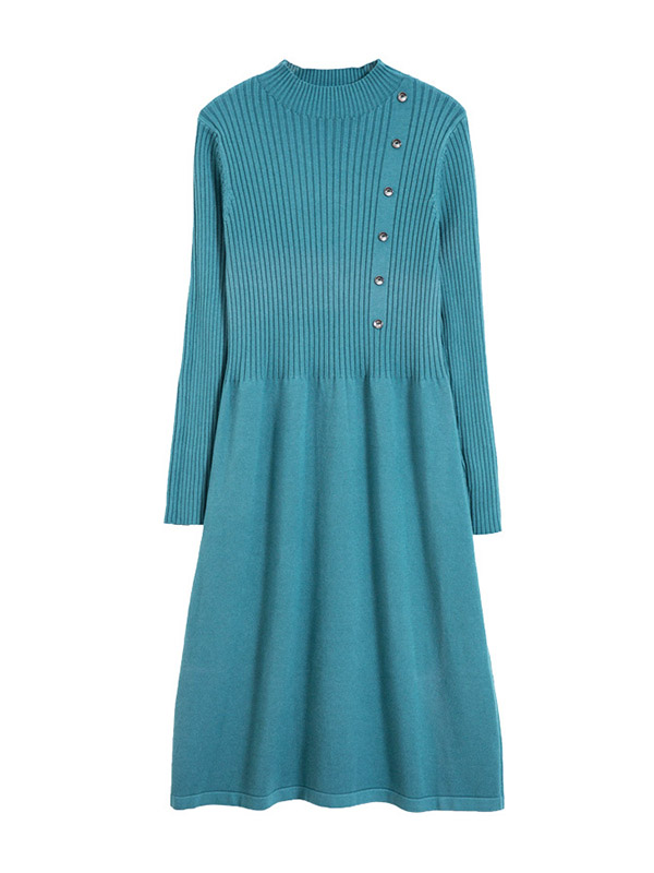 Blue Stand Collar A-line Knit Dress