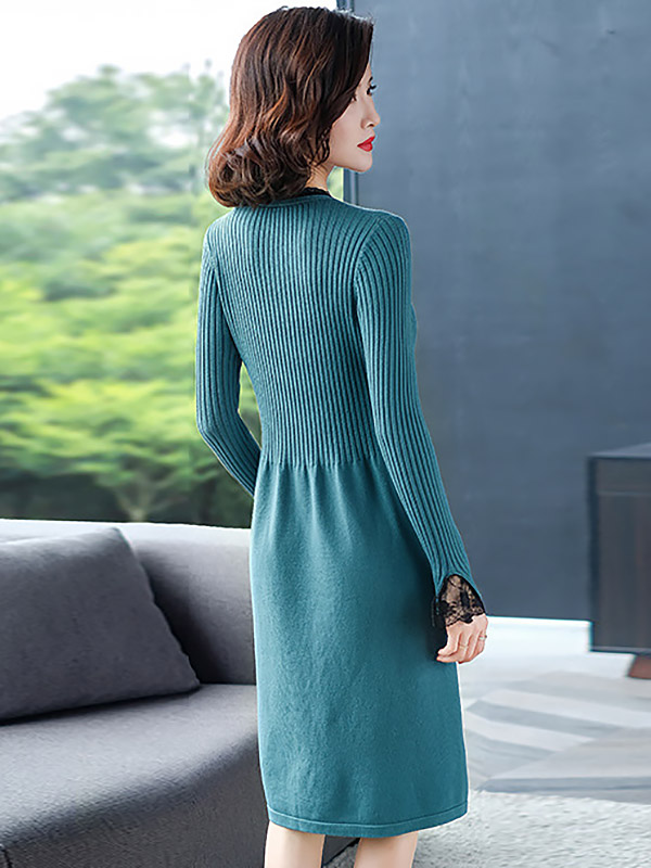 Blue Tie Collar A-line Knit Dress with Lace Detail