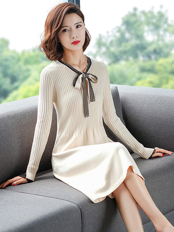 Apricot Tie Collar A-line Knit Dress with Lace Detail