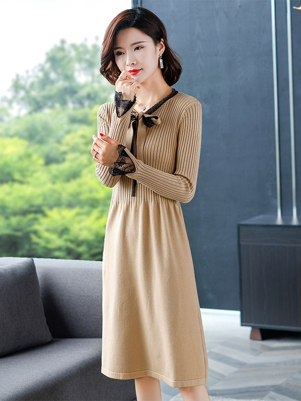 Khaki Tie Collar A-line Knit Dress with Lace Detail