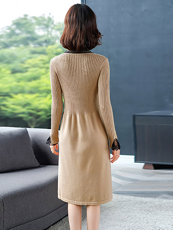 Khaki Tie Collar A-line Knit Dress with Lace Detail