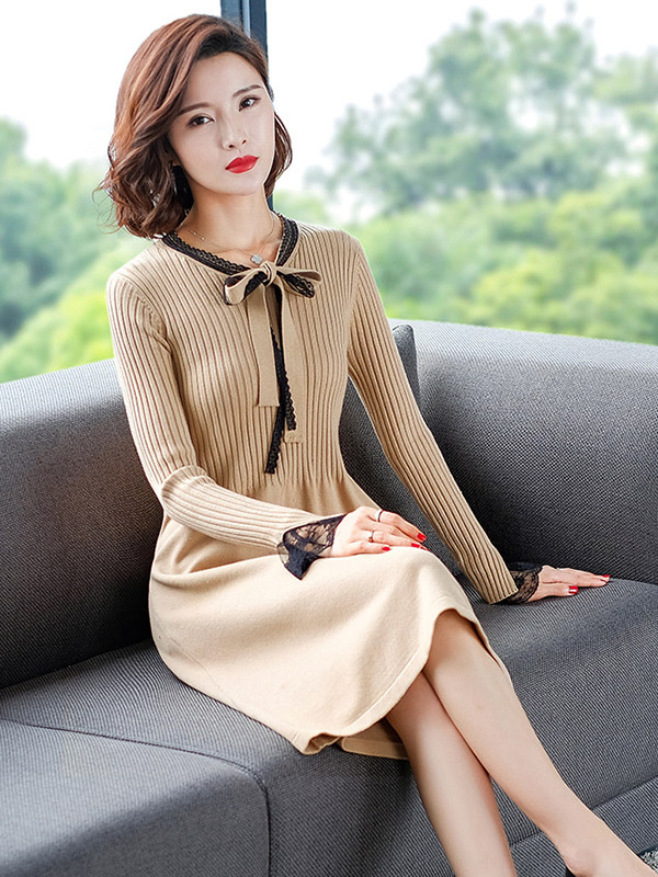 Khaki Tie Collar A-line Knit Dress with Lace Detail