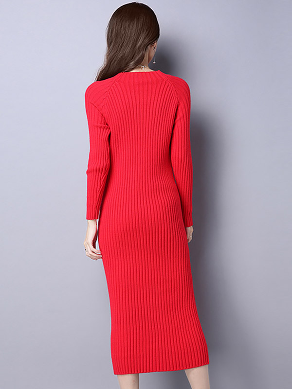 Red Stand Collar Ribbed Knitted Midi Dress