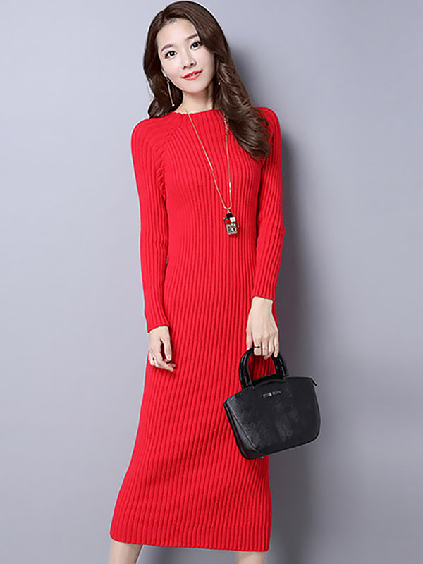 Red Stand Collar Ribbed Knitted Midi Dress