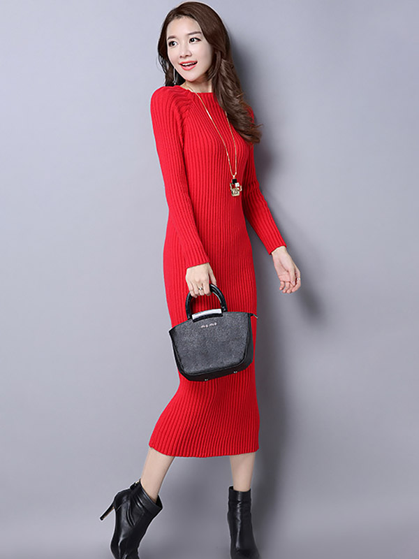 Red Stand Collar Ribbed Knitted Midi Dress