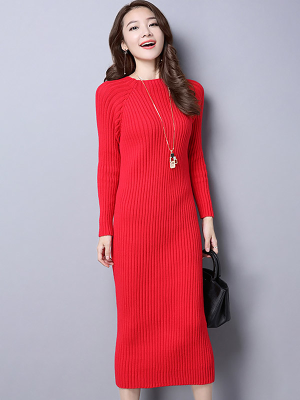 Red Stand Collar Ribbed Knitted Midi Dress