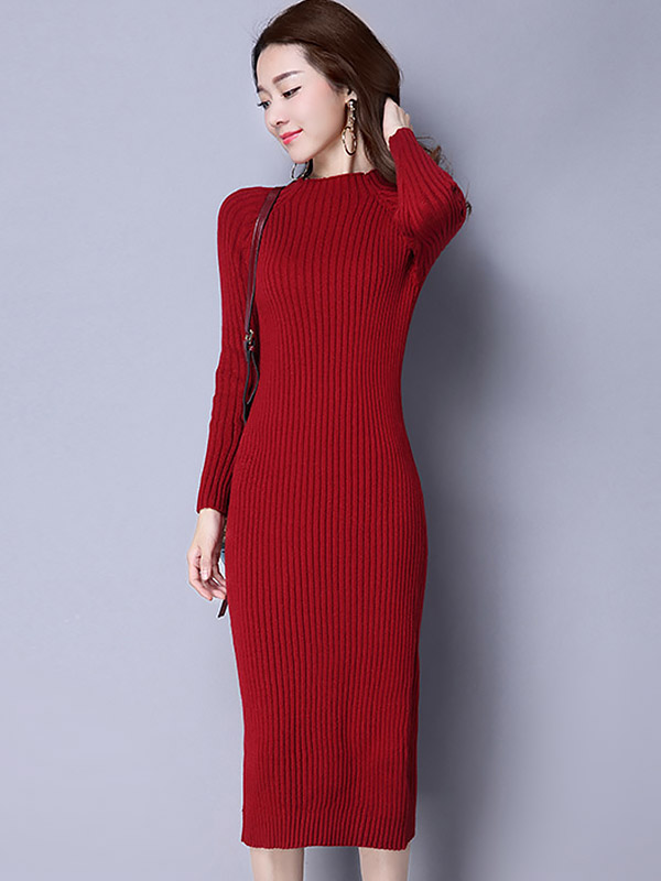 Burgundy Stand Collar Ribbed Knitted Midi Dress