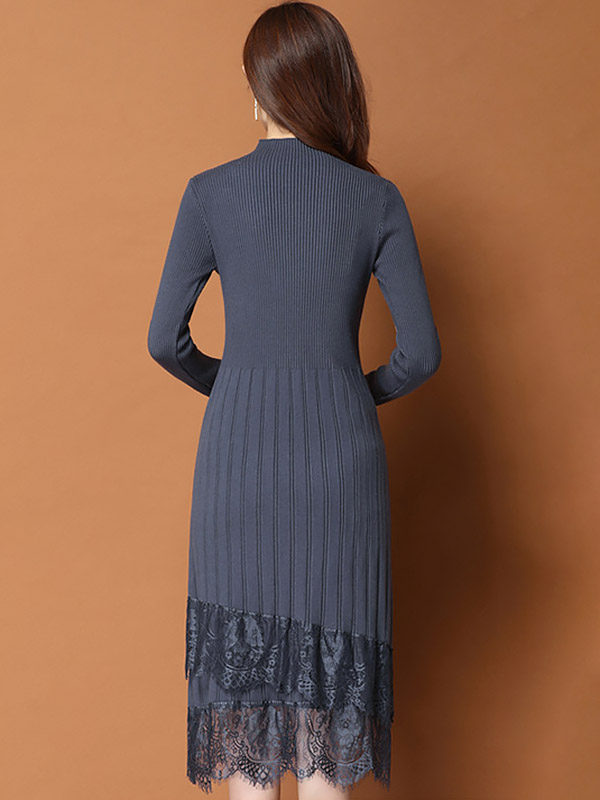 Grey Stand Collar Knit Midi Dress with Lace Hem 