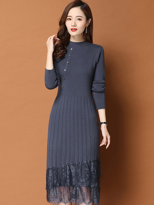 Grey Stand Collar Knit Midi Dress with Lace Hem 