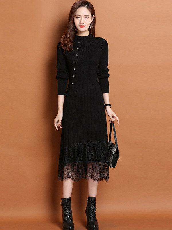 Black Stand Collar Knit Midi Dress with Lace Hem 